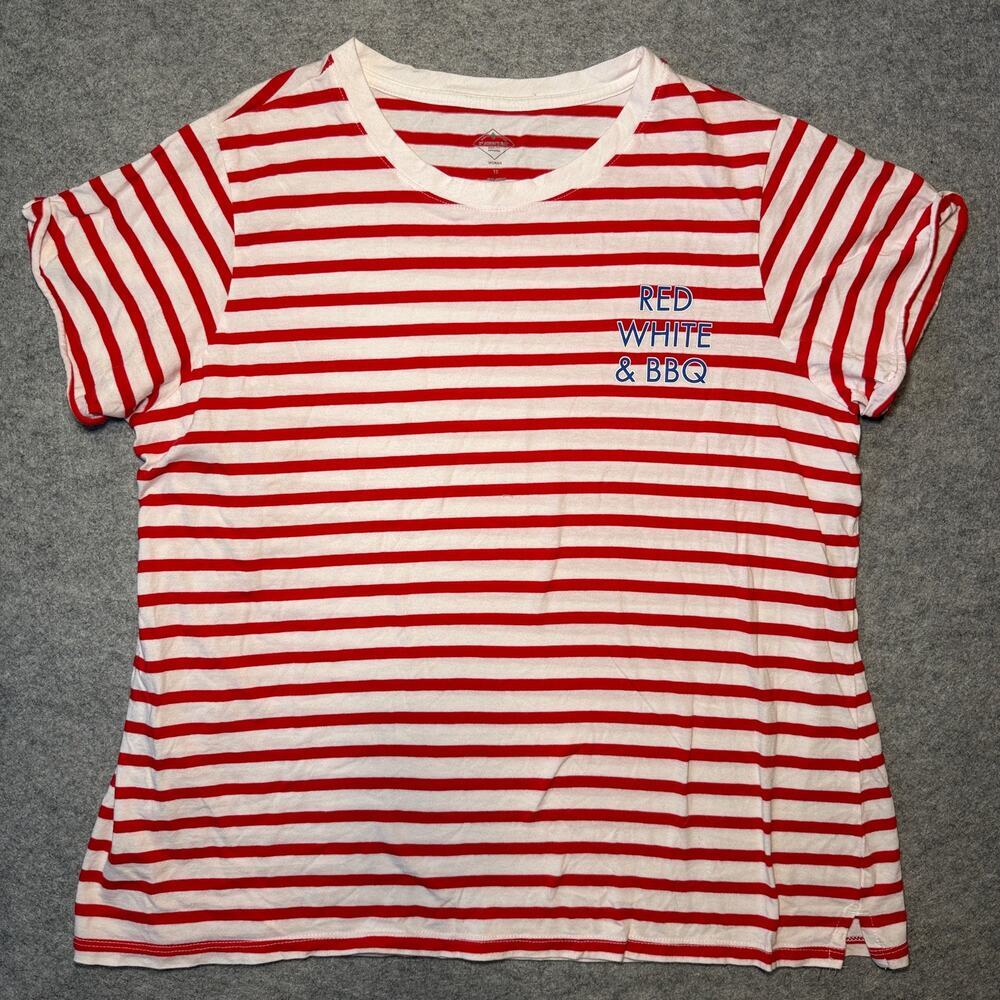 ST JOHN'S BAY Women's Plus 1X Striped Cotton T-Shirt Red White Casual
